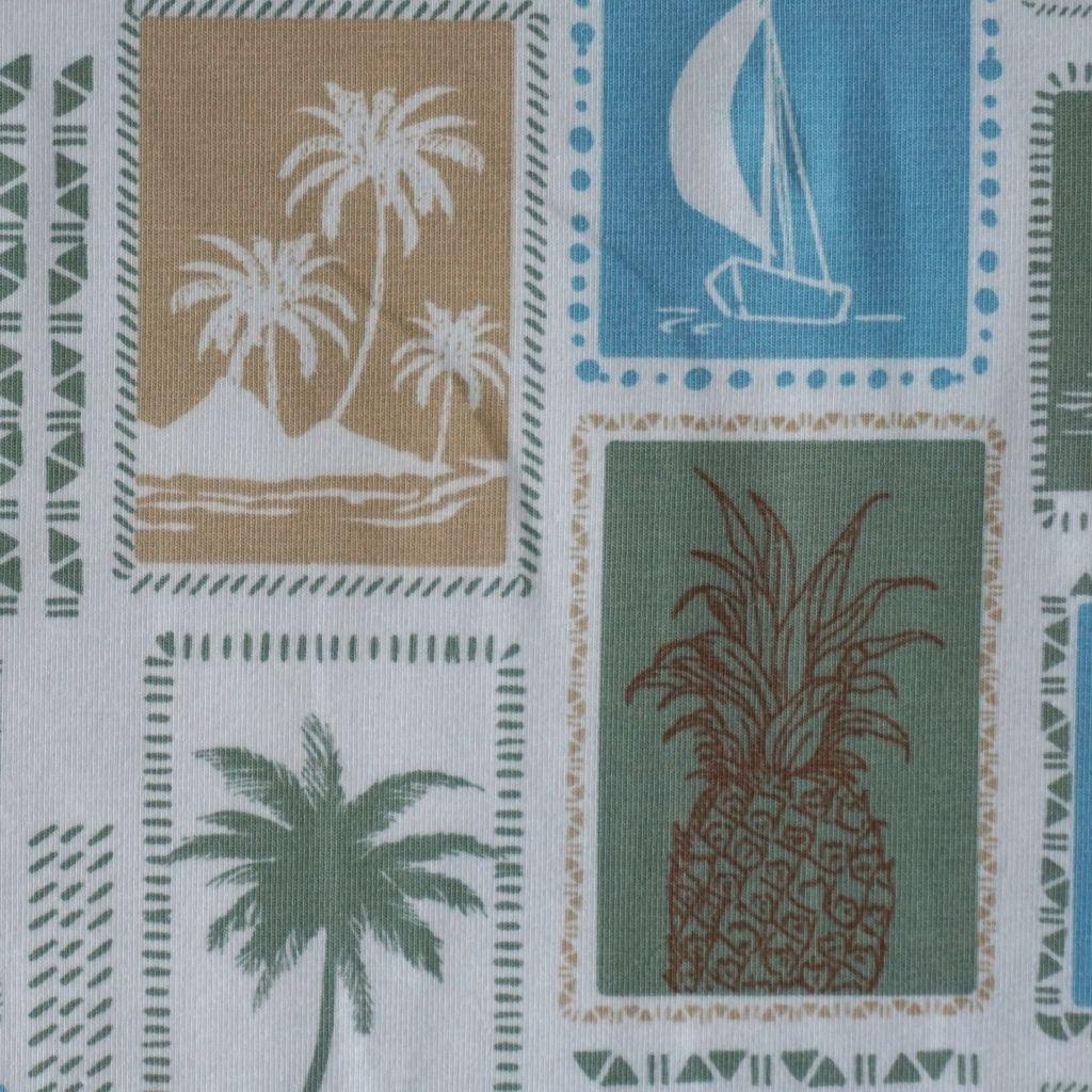 Baumwolljersey Briefmarken Reisemotive grün beige blau